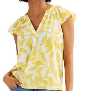 Sonoma Good For Life Yellow White Leaf Print Flutter Sleeve Cotton Blouse‎ XL